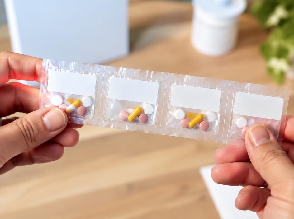 Kädet pitelevät annosjakelupussien nauhaa