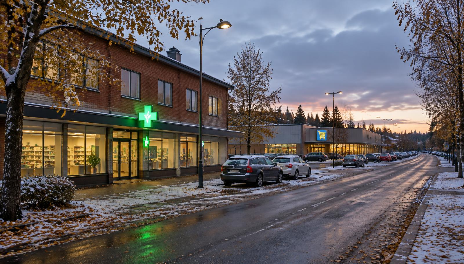 Kausalan kauppakatu syysiltapäivän hämärässä: apteekin vihreä risti loistaa, S-market taustalla